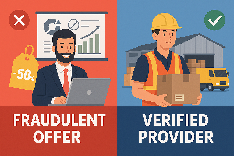 Visual comparison of a scam offer and a legitimate freight company.