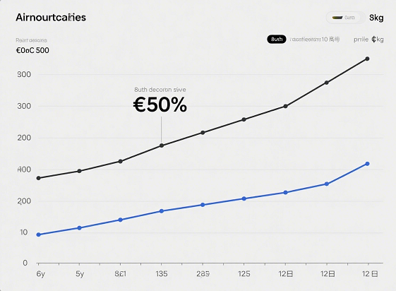 Air freight rate trends from China to Hungary, showing 50% savings for early August bookings vs. peak October prices.