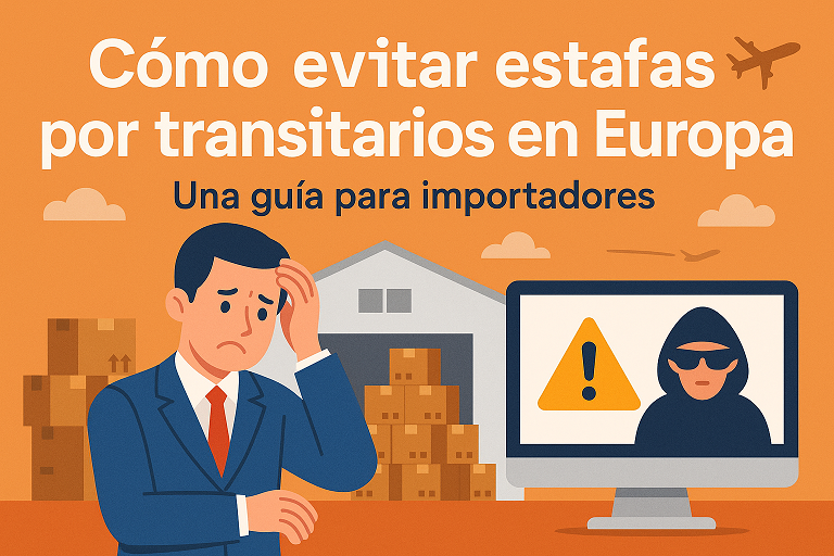 Hombre preocupado frente a un almacén con una alerta de fraude logístico en pantalla. Ilustración de Yingpai sobre cómo evitar estafas por transitarios en Europa.