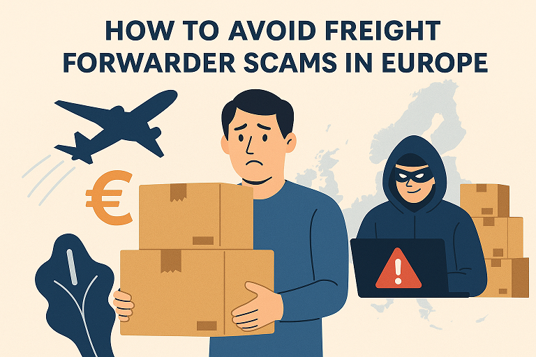 Egy magyar importőr aggódva figyeli a csomagjait, miközben egy csaló logisztikai átverésen dolgozik. Figyelmeztető illusztráció az európai szállítmányozási csalásokról.