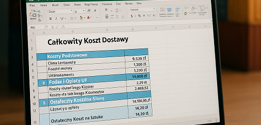 Laptop with Excel spreadsheet showing total shipping cost breakdown for EU import, in front of stacked shipping containers and Euro & Yuan currency symbols