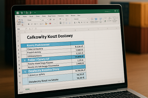Laptop with Excel spreadsheet showing total shipping cost breakdown for EU import, in front of stacked shipping containers and Euro & Yuan currency symbols