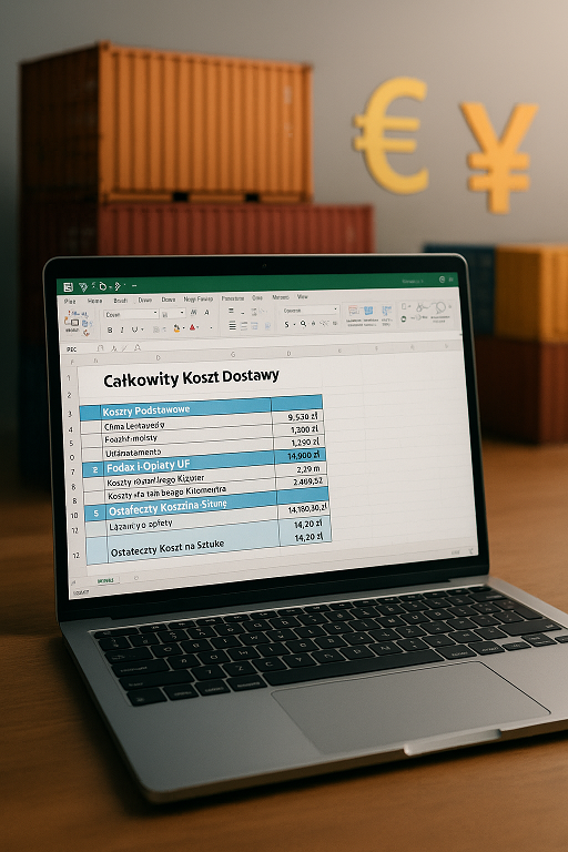 Laptop with Excel spreadsheet showing total shipping cost breakdown for EU import, in front of stacked shipping containers and Euro & Yuan currency symbols