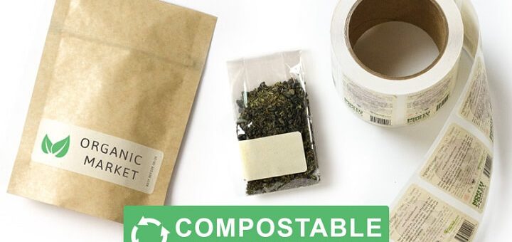 Stack of compostable packaging trays and bowls with green leaf background