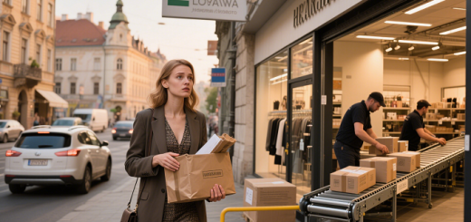 A Hungarian boutique with a customer returning goods at the entrance and a local consolidation hub nearby where goods are flowing orderly, showing the process of solving cross - border return problems.