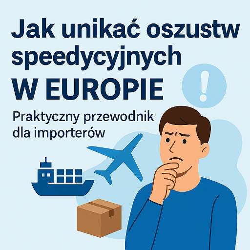 Ilustracja przedstawiająca zaniepokojonego importera w Europie z ikonami logistyki. Przewodnik Yingpai o tym, jak uniknąć oszustw spedycyjnych w Polsce.