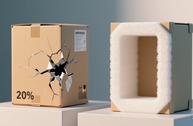 Side-by-side of Tomasz’s original packaging (left, 20% damage) vs. QA-redesigned packaging (right, 0% damage), highlighting foam thickness and corner guards.