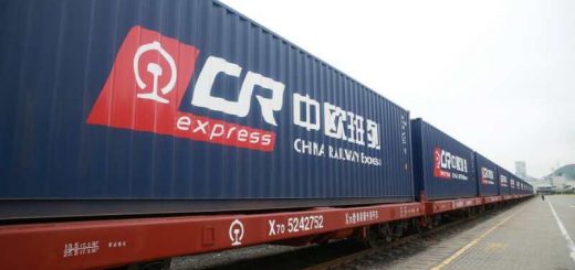 A freight train labeled "YUXINOU Silk Road Express" transporting ceramic goods from Shenzhen to Warsaw, with a timeline showing 20-day transit and a 75% CO₂ reduction badge, highlighting fast and eco-friendly EU-China logistics.